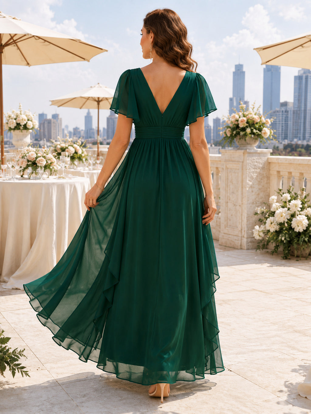 Rooftop Dark Green V-Neck Chiffon A-Line Floor-Length Flutter Sleeve Dress back view