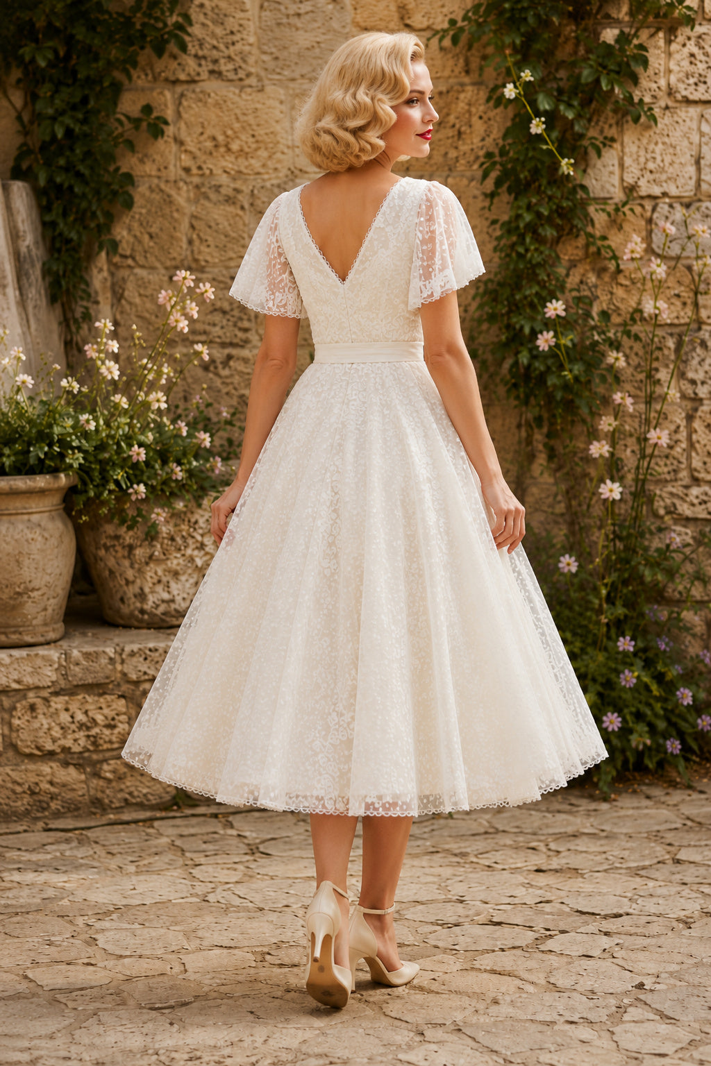 Ivory V-Neck Flutter Sleeve Lace Tulle Tea-Length Wedding Dress with Flutter Lace Sleeves and Vintage Midi Skirt back view