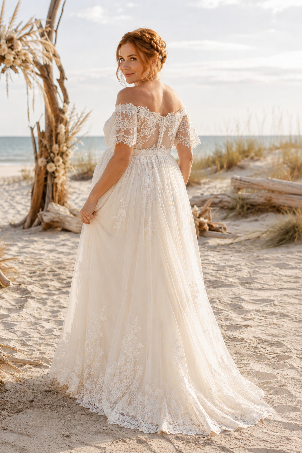 Ivory Off-the-Shoulder Lace Maternity Wedding Dress with Soft Tulle Skirt back view
