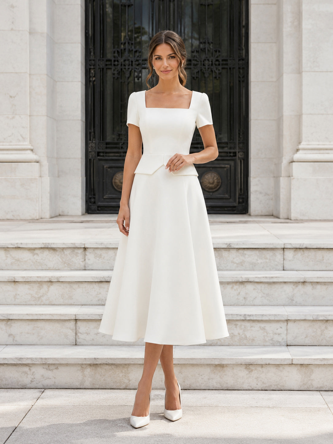 Courthouse Civil Square Neck Short Sleeve A-Line Wedding Dress front view