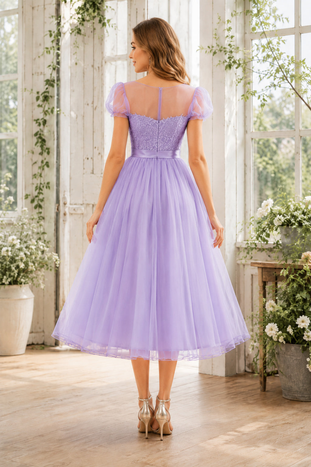 Lavender Square Neck Puff Sleeve Tea-Length Dress with Sash Bow back view