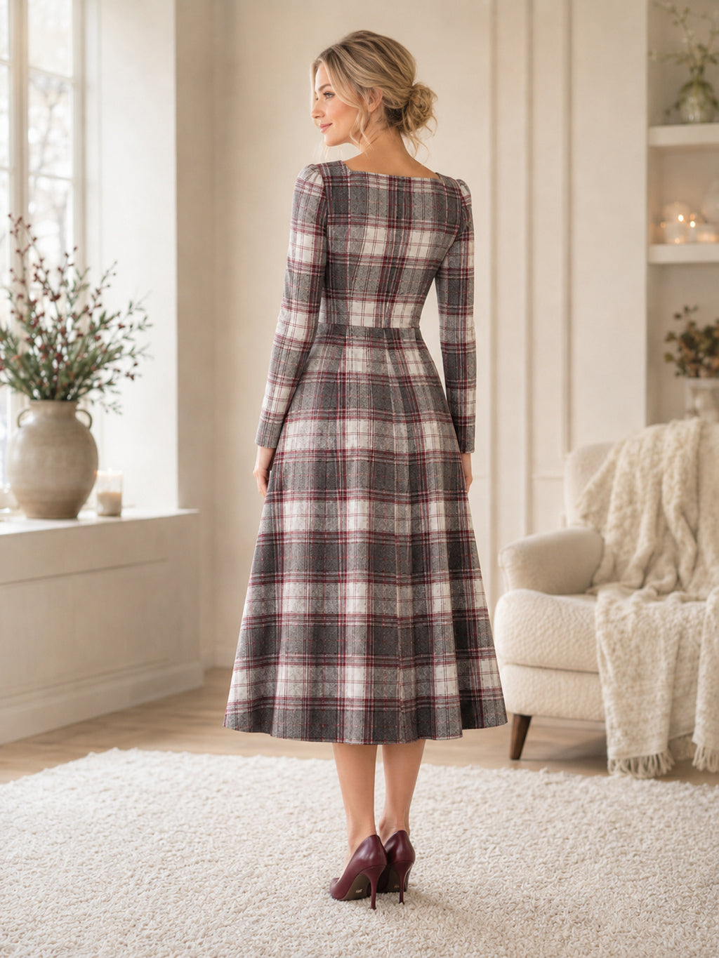 Grey Tartan Square Neck Long Sleeve Winter Midi Dress back view