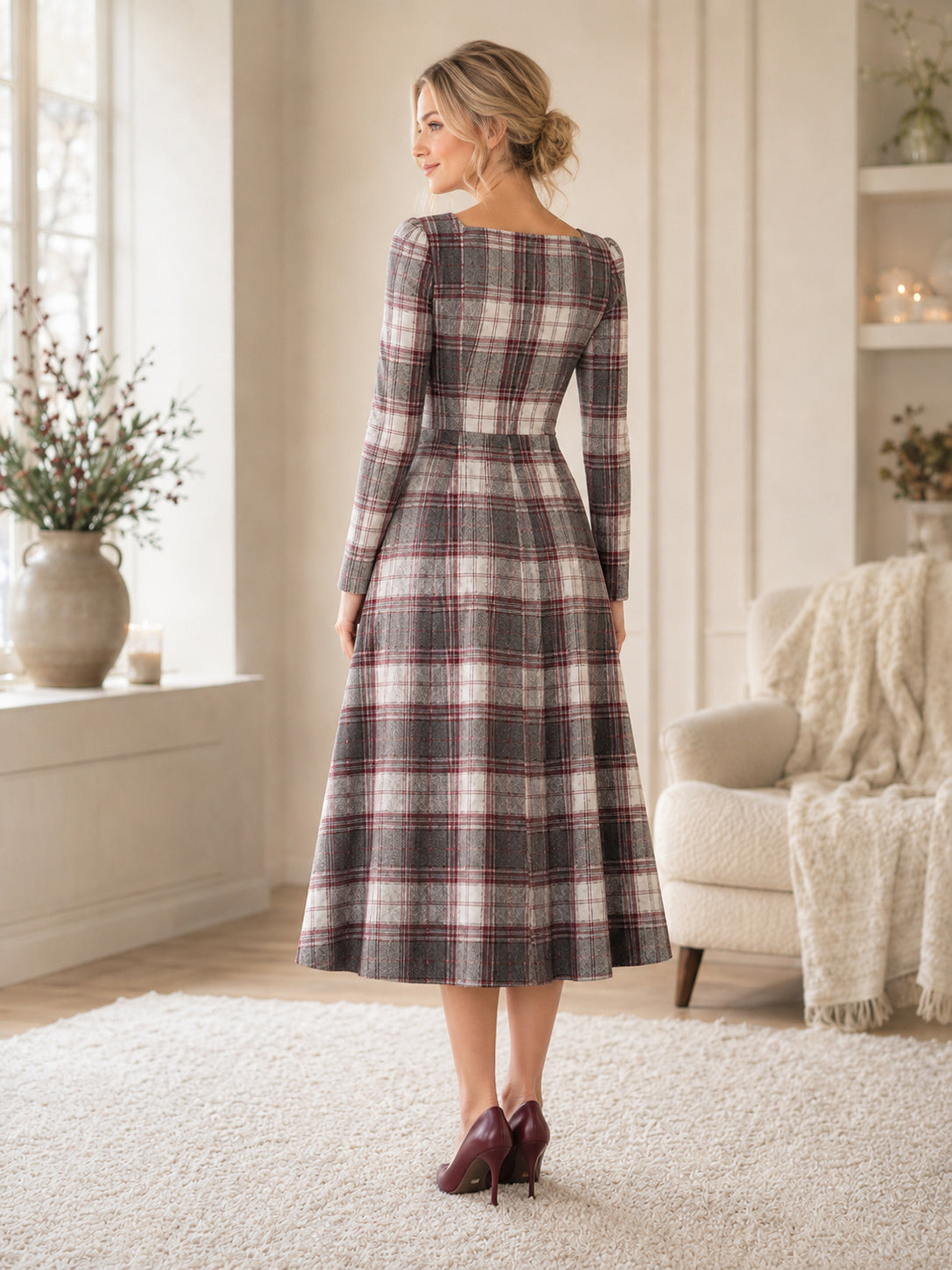 Grey Tartan Square Neck Long Sleeve Winter Midi Dress back view