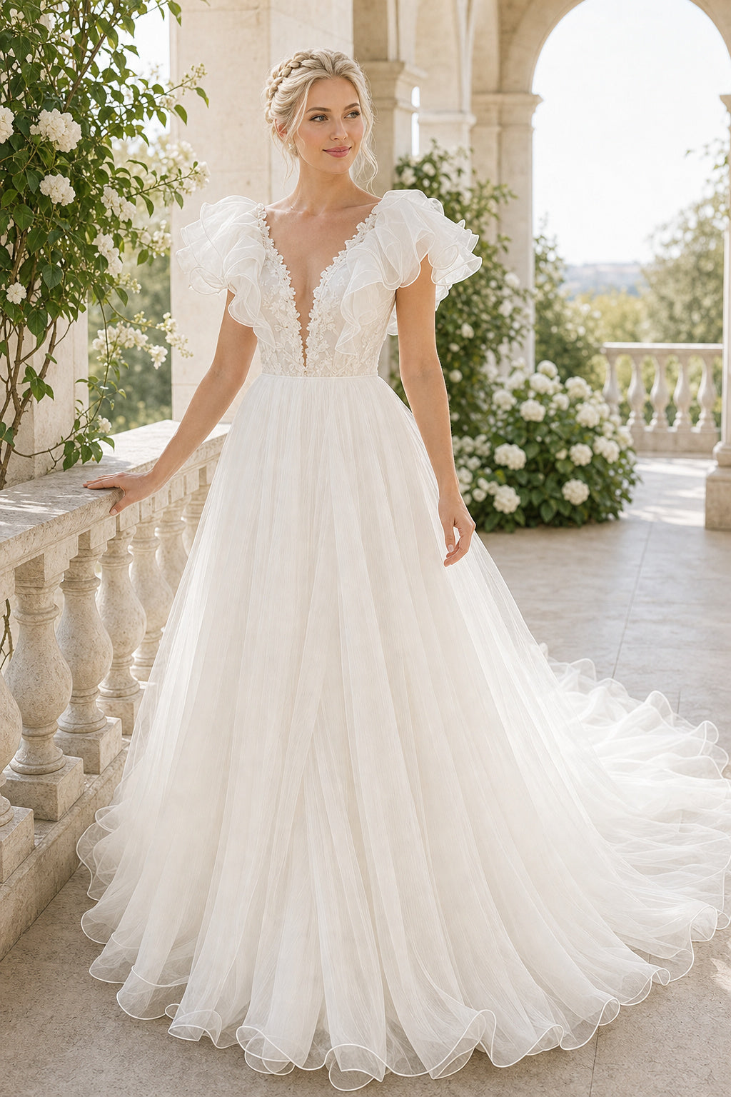 Champagne Illusion A-Line Crepe Floor-length Wedding Dress With Beaded Waist and Floral Appliques