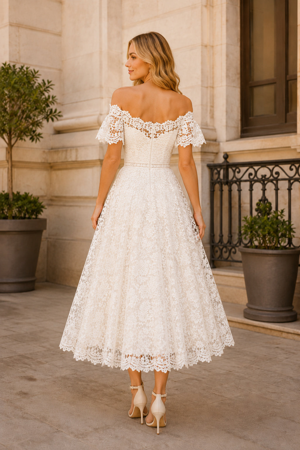Ivory Off-the-Shoulder Sweetheart Flutter Sleeve Lace Tulle Tea-Length Wedding Dress with Flutter Sleeves and Scalloped Lace