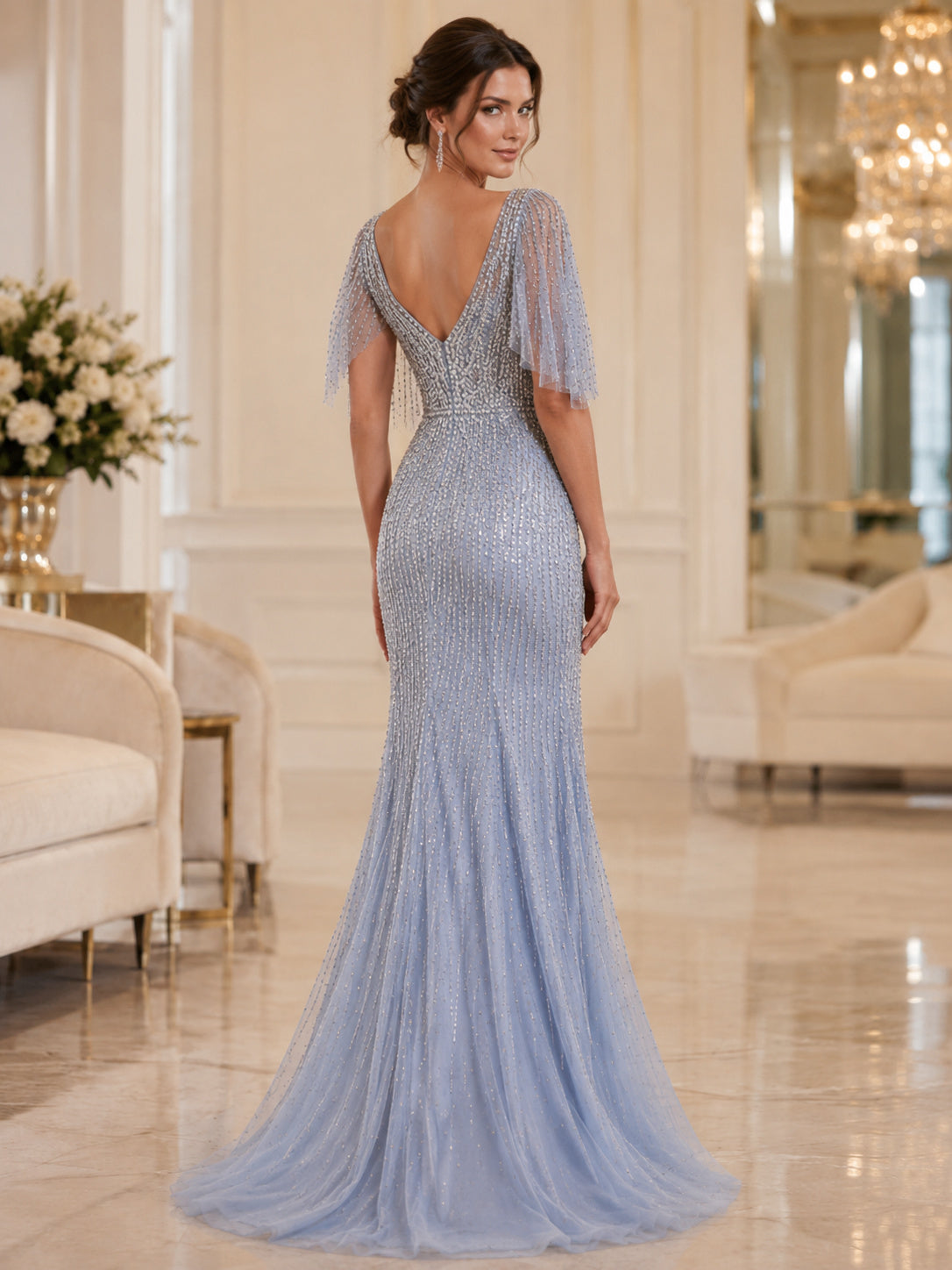 Sky Blue V Neck Beaded Cape Sleeve Mermaid Evening Guest Gown back view