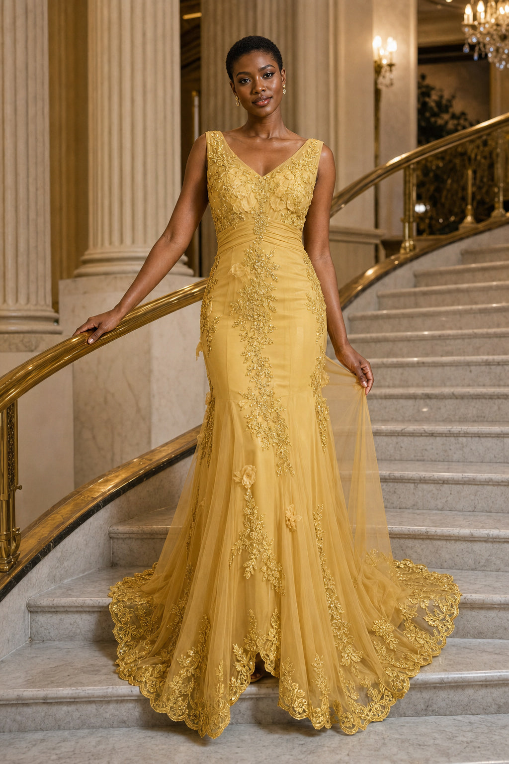 Gold V-neck Sleeveless Mermaid Lace Floor-Length Dress With Sweep Train