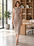 Taupe sleeveless jewel neck tie waist knit office dress front view