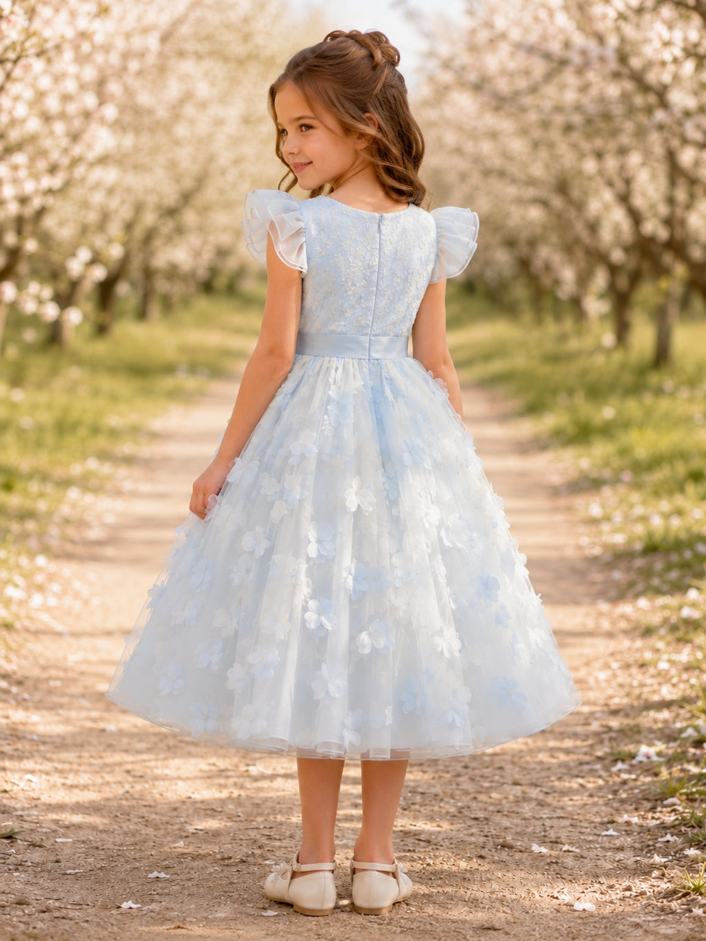 Adorable Organza Tea-Length A-Line Flutter Sleeve Floral Sky Blue Flower Girl Garden Dress back view