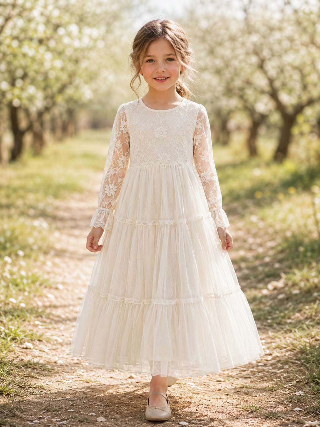 Country Garden Champagne Long Sleeve Tulle Tea-Length A-Line Flower Girl Dress with Jewel Neck and Floral Detail front view