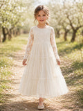 Country Garden Champagne Long Sleeve Tulle Tea-Length A-Line Flower Girl Dress with Jewel Neck and Floral Detail front view