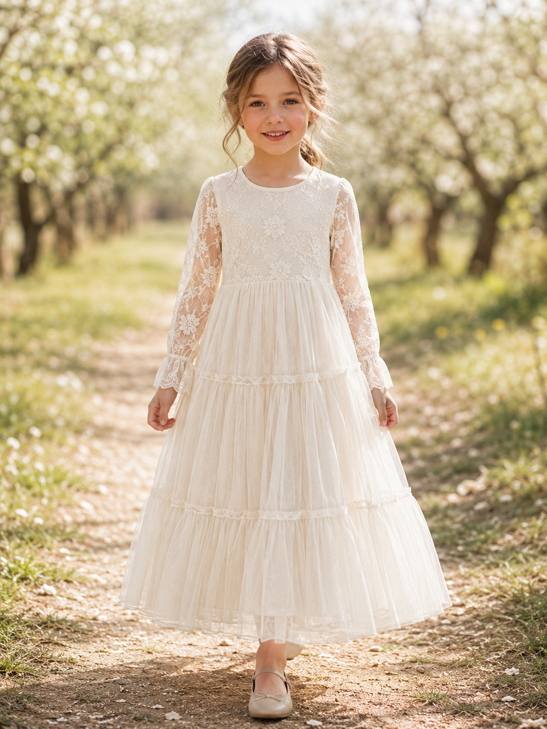 Country Garden Champagne Long Sleeve Tulle Tea-Length A-Line Flower Girl Dress with Jewel Neck and Floral Detail front view