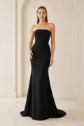 Black Strapless Satin Mermaid Formal Dress with Clean Bodice and Sweep Train front view