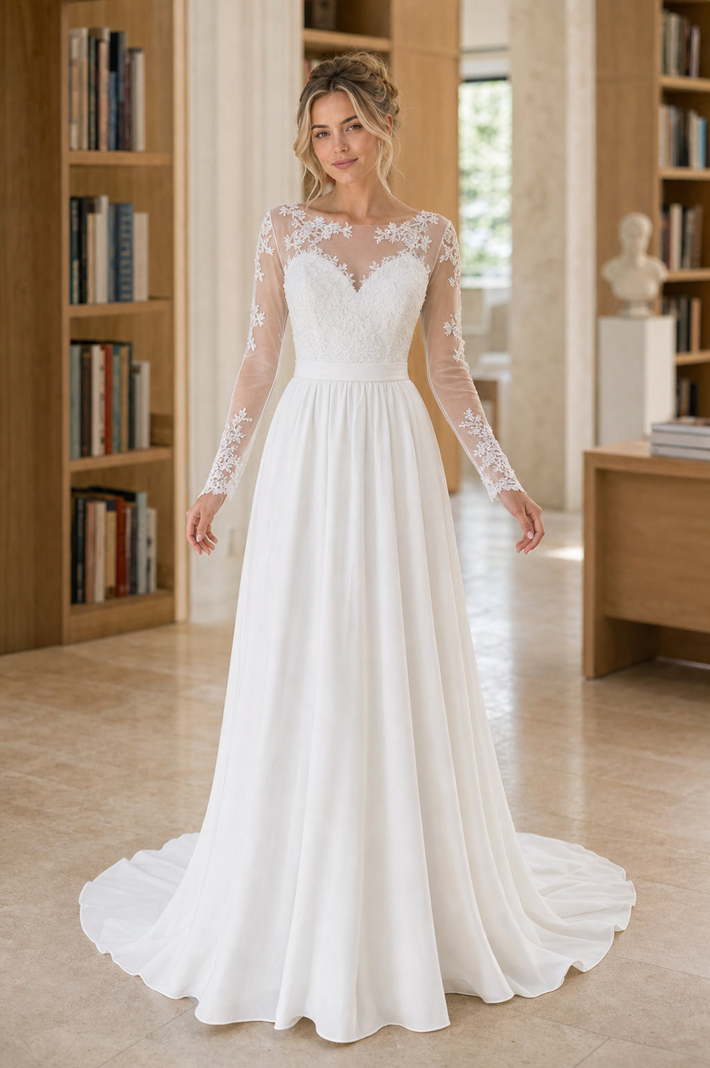 White Bateau Three-Quarter Sleeves Mermaid Lace Floor-length Wedding Dress With Lace and Open Back and Open Back