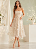 Champagne Strapless Floral Applique Textured Midi Cocktail Dress front view