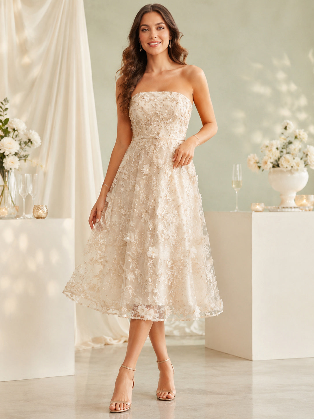 Champagne Strapless Floral Applique Textured Midi Cocktail Dress front view