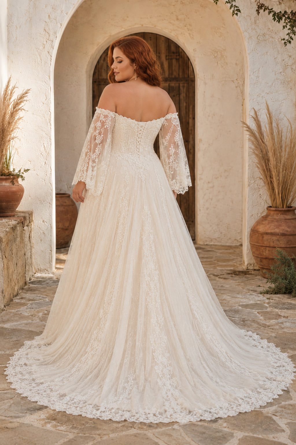 Plus Size Ivory Off-the-Shoulder Sweetheart Bell Sleeve Lace Tulle A-Line Wedding Dress with Bell Sleeves and Lace Chapel Tra
