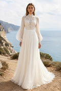 Ivory Modest High Neck A-Line Soft Tulle Wedding Dress with Long Puff Sleeves and Chapel Train front view
