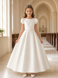 Understated Square Neck Puff Sleeve Satin Communion Ball Gown front view