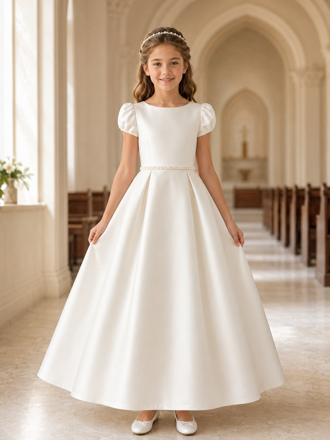 Understated Square Neck Puff Sleeve Satin Communion Ball Gown front view