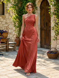 Terracotta Satin Sheath One-Shoulder Sleeveless Ruched Open Back Floor-Length Bridesmaid Dress Style 109107 front view
