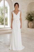 White Scoop Three-Quarter Sleeves Mermaid Lace Floor-length Wedding Dress With Lace and Lace Bodice and Open Back Lace Hem Detail