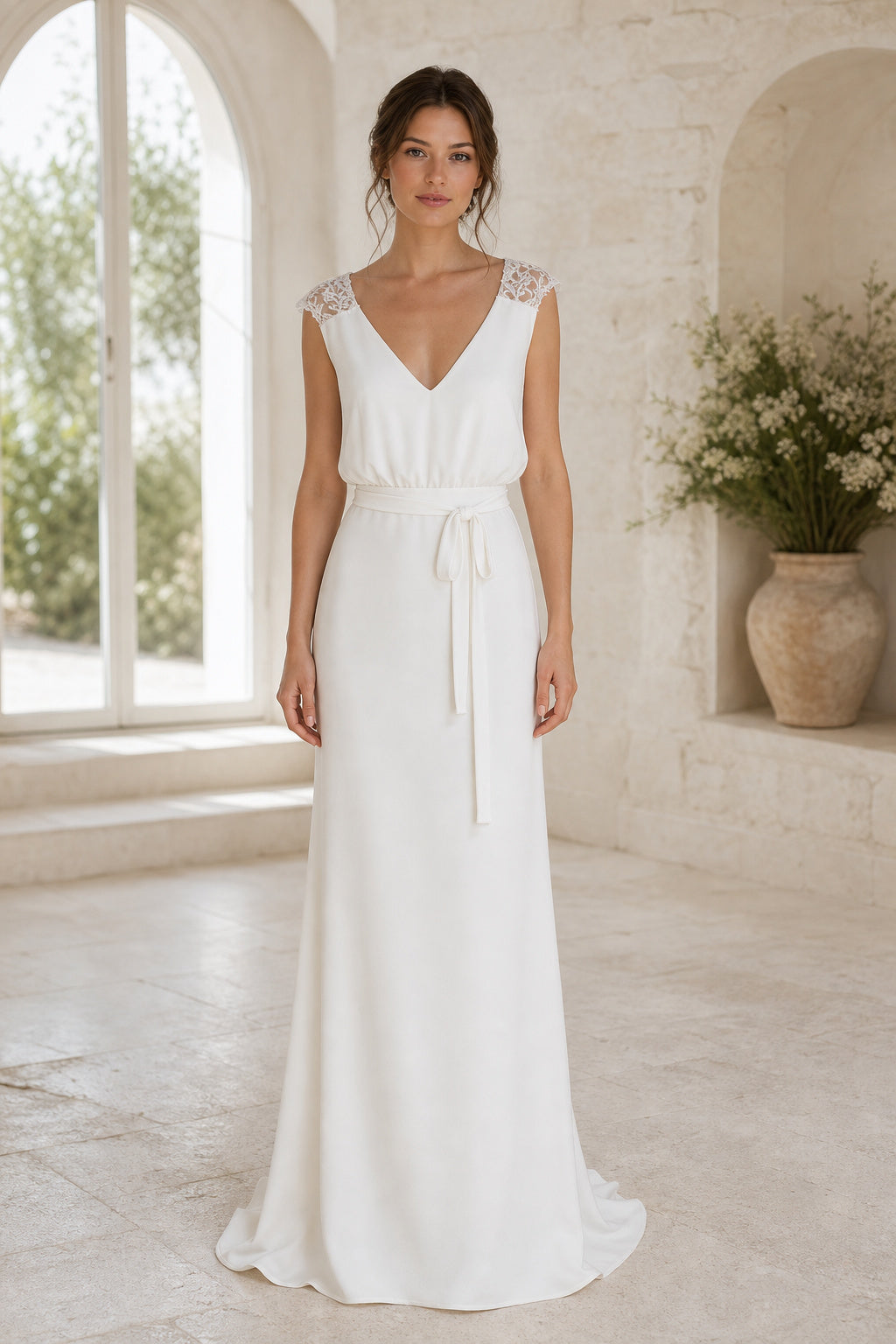 White Scoop Three-Quarter Sleeves Mermaid Lace Floor-length Wedding Dress With Lace and Lace Bodice and Open Back Lace Hem Detail