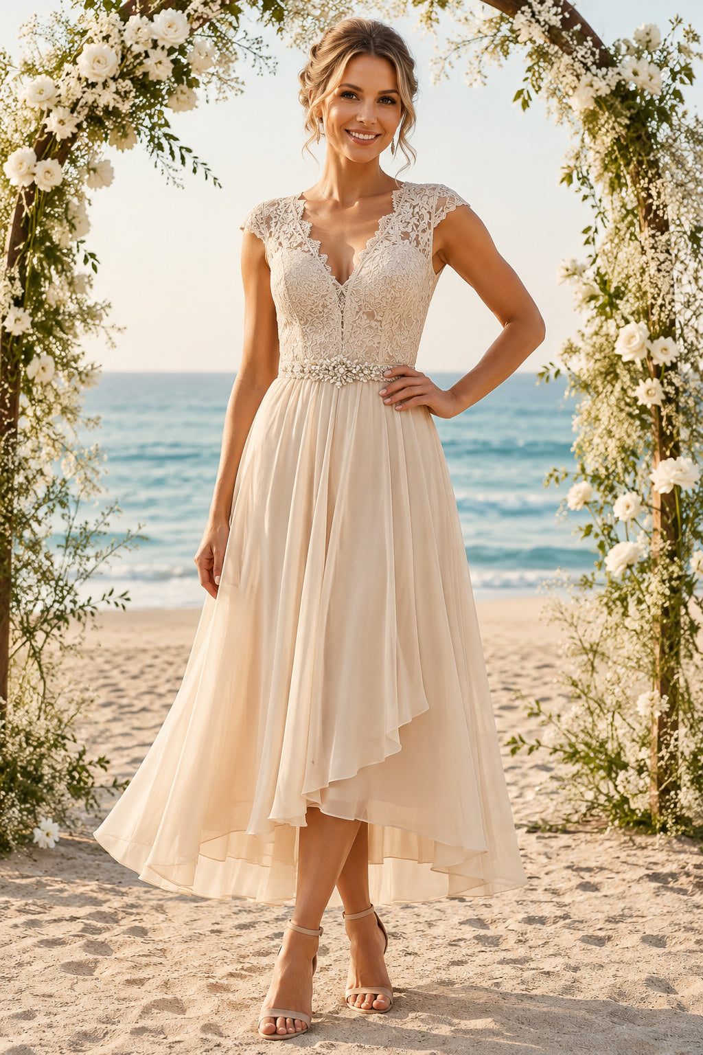 Champagne Lace Cap Sleeve V Neck Bodice with High Low Skirt High Low A-Line Wedding Dress front view