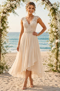Champagne Lace Cap Sleeve V Neck Bodice with High Low Skirt High Low A-Line Wedding Dress front view