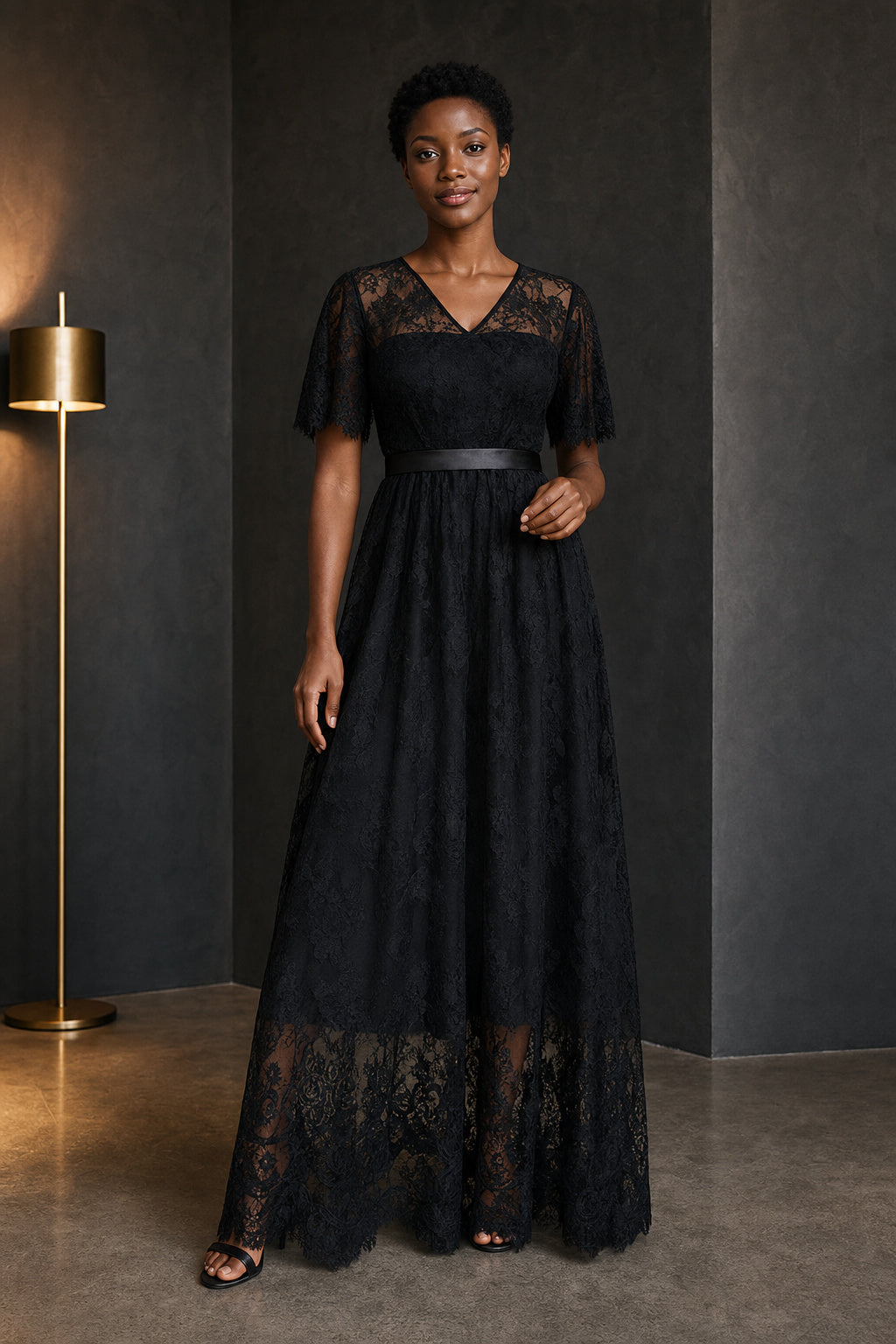 V-neck Short Sleeve A-Line Lace Floor-Length Dress With Satin Waistband