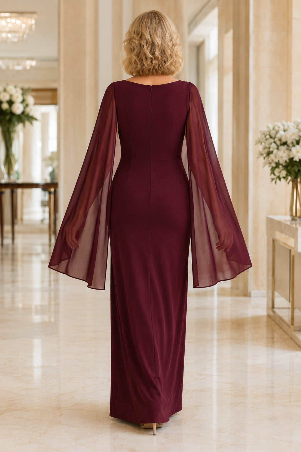 Burgundy V-Neck Sheath Mother Dress with Flowing Cape Sleeves and Ruching back view