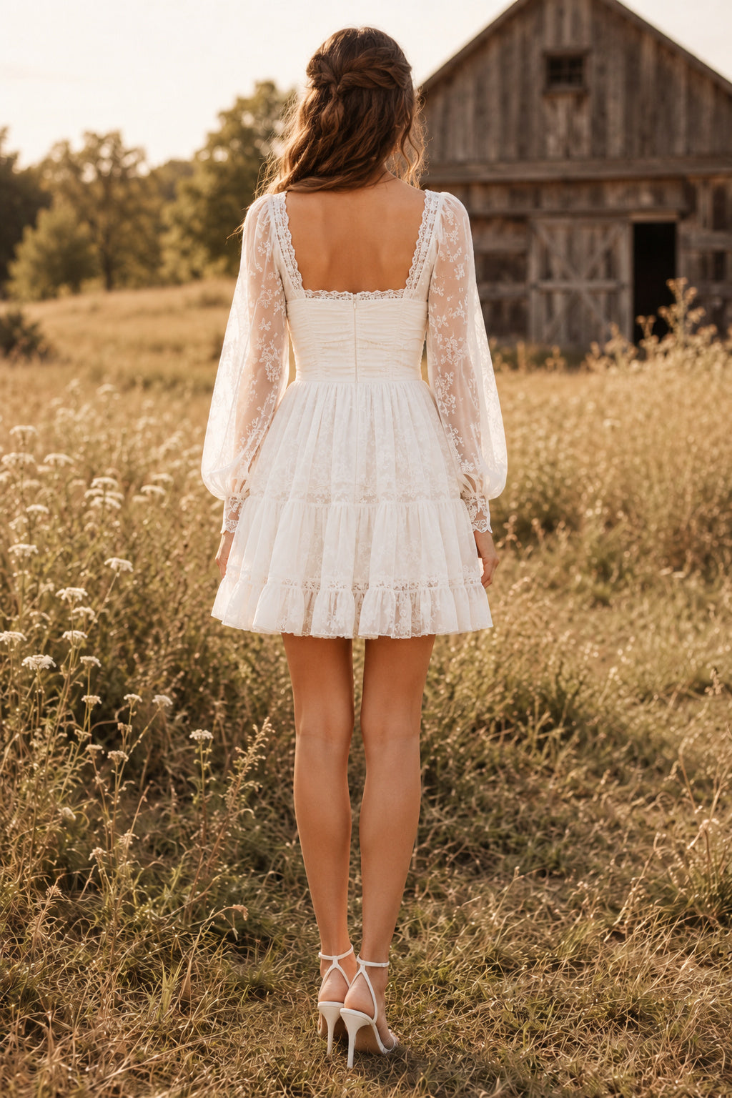 Ivory Square Neck Long Sleeve Tiered Mini Wedding Dress with Lace Trim for Country Reception back view