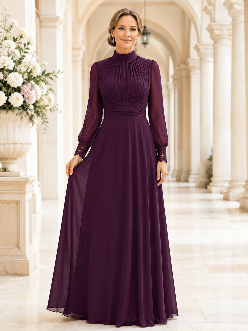 Plum Elegant High-Neck Long Puff-Sleeve Pleated Chiffon Floor-Length Mother of the Bride Gown front view