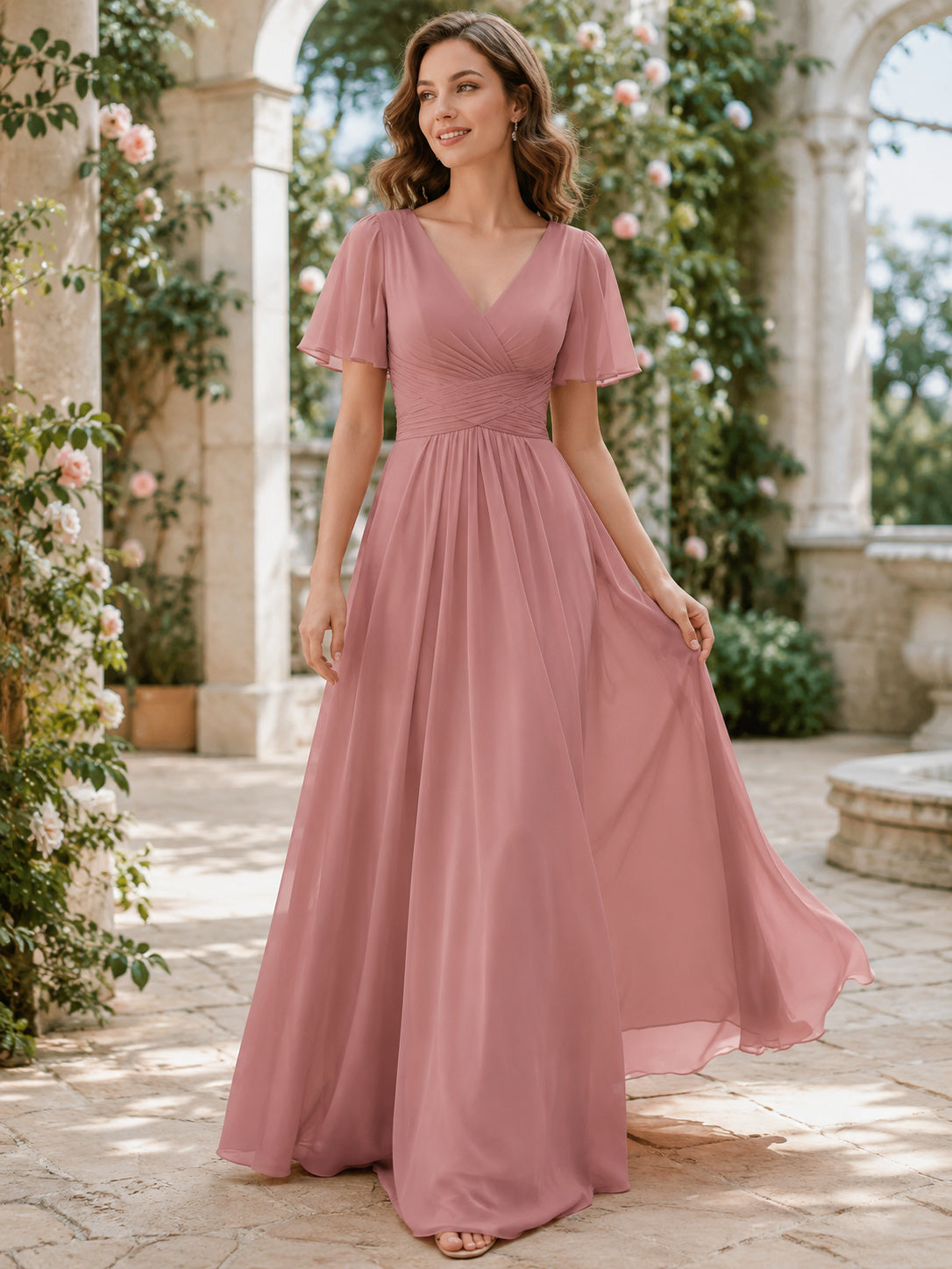 Dusty Rose Short Sleeve Chiffon Zip Back Gown front view