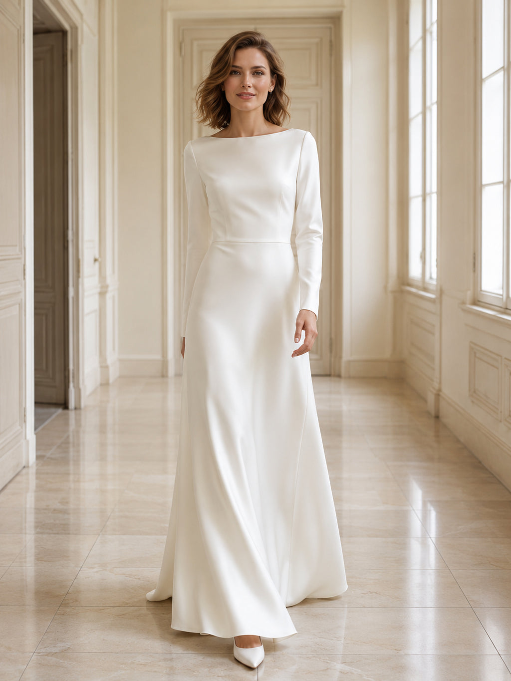 Minimalist Bateau Long Sleeve Satin Sheath Floor Civil Wedding Dress front view