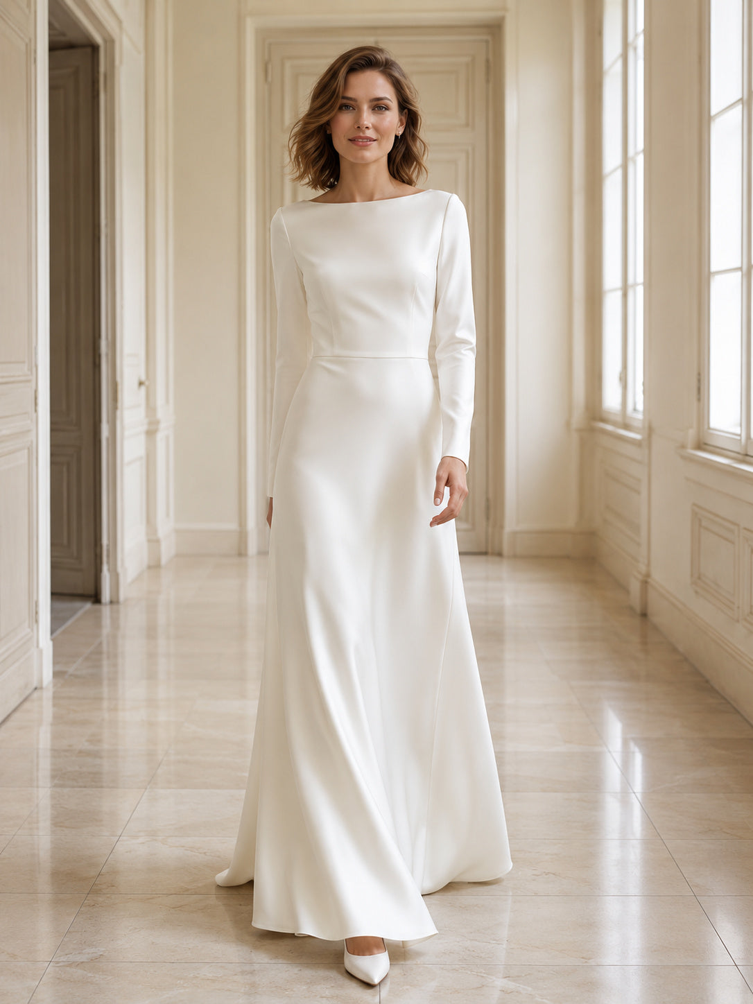 Minimalist Bateau Long Sleeve Satin Sheath Floor Civil Wedding Dress front view