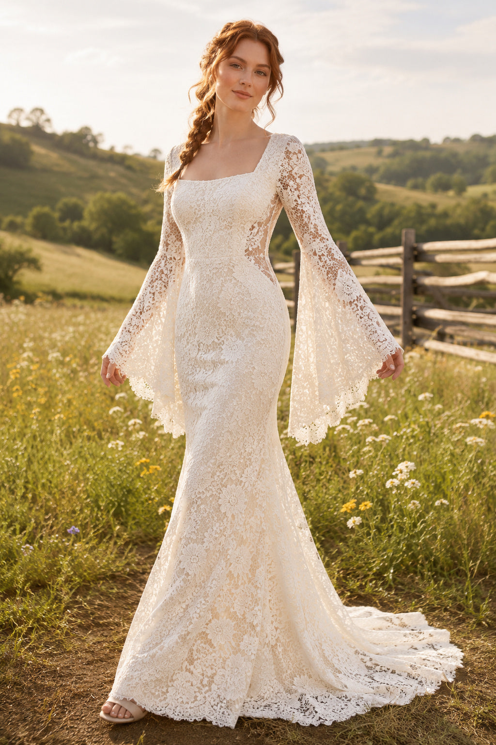 Square Neck Bell Sleeve Mermaid Wedding Dress with Allover Lace and Sweep Train for Rustic Garden Ceremony front view