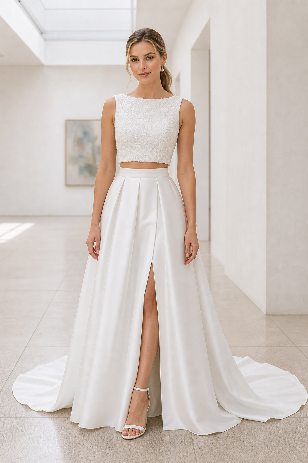 White Jewel Two-Piece Satin Floor-length Wedding Dress With Front Slit and Two-Piece and Open Back
