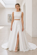White Jewel Two-Piece Satin Floor-length Wedding Dress With Front Slit and Two-Piece and Open Back