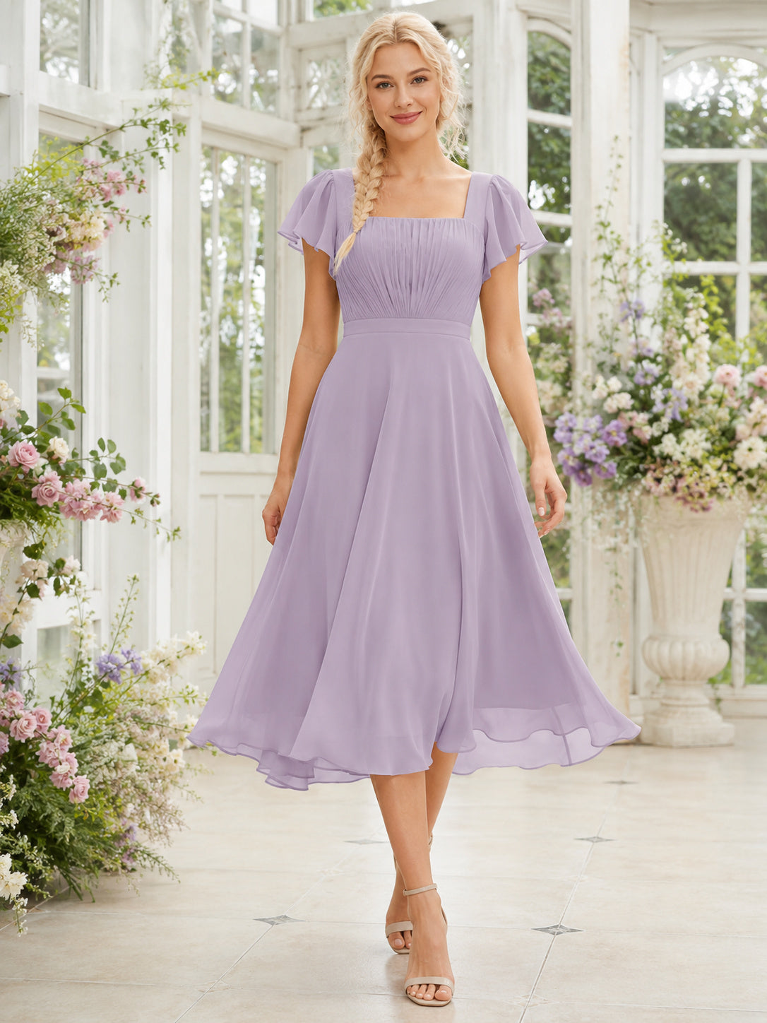 Lavender cap sleeve square neck chiffon tea length junior bridesmaid dress front view