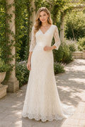 White V-neck Long Sleeves Sheath Lace Floor-length Wedding Dress With Lace and Train and Open Back