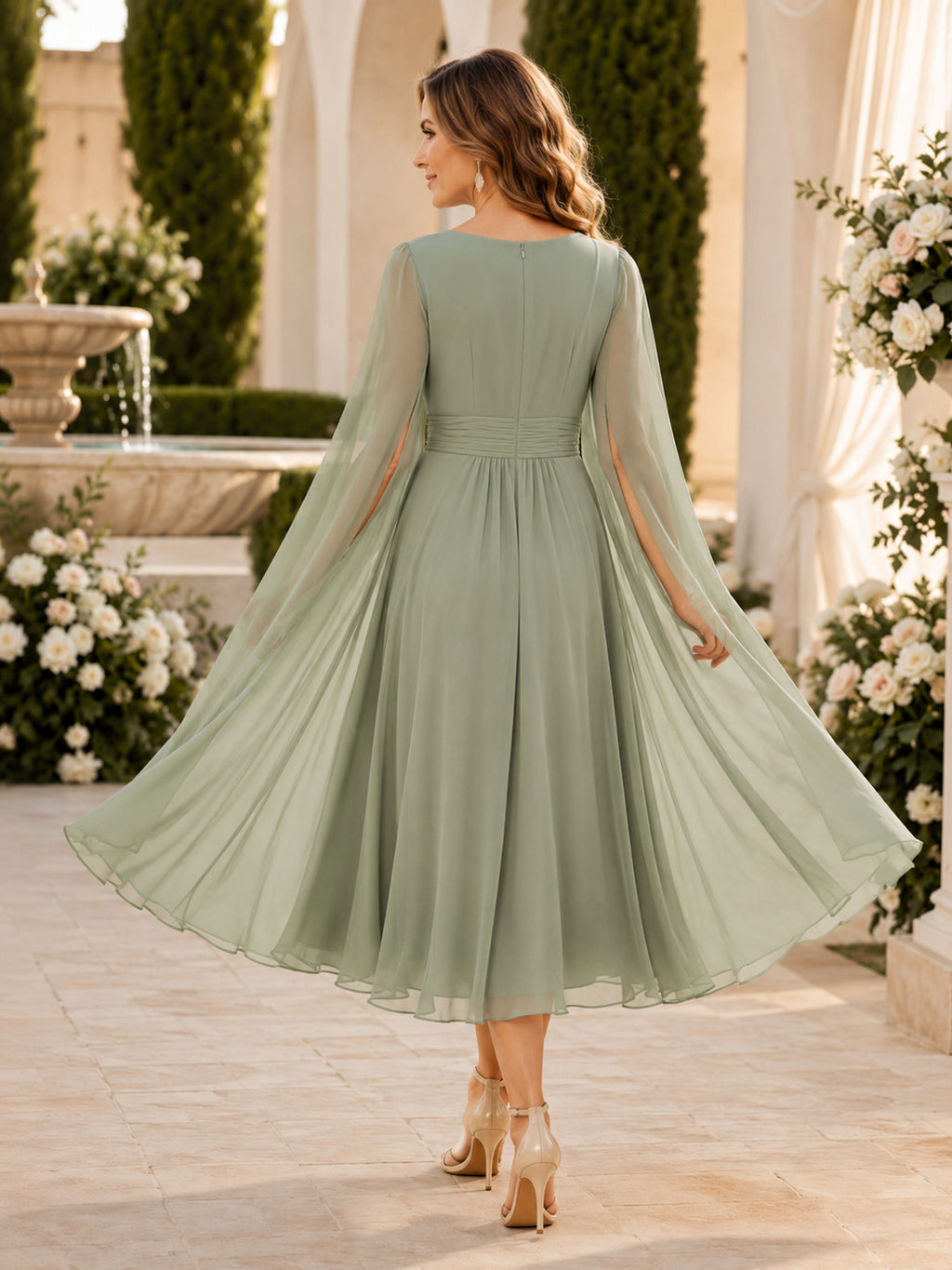 Sage Tea-Length A-Line Modern Mother of the Bride Dress with Scoop Neck Split Cape Sleeves and Full Skirt back view