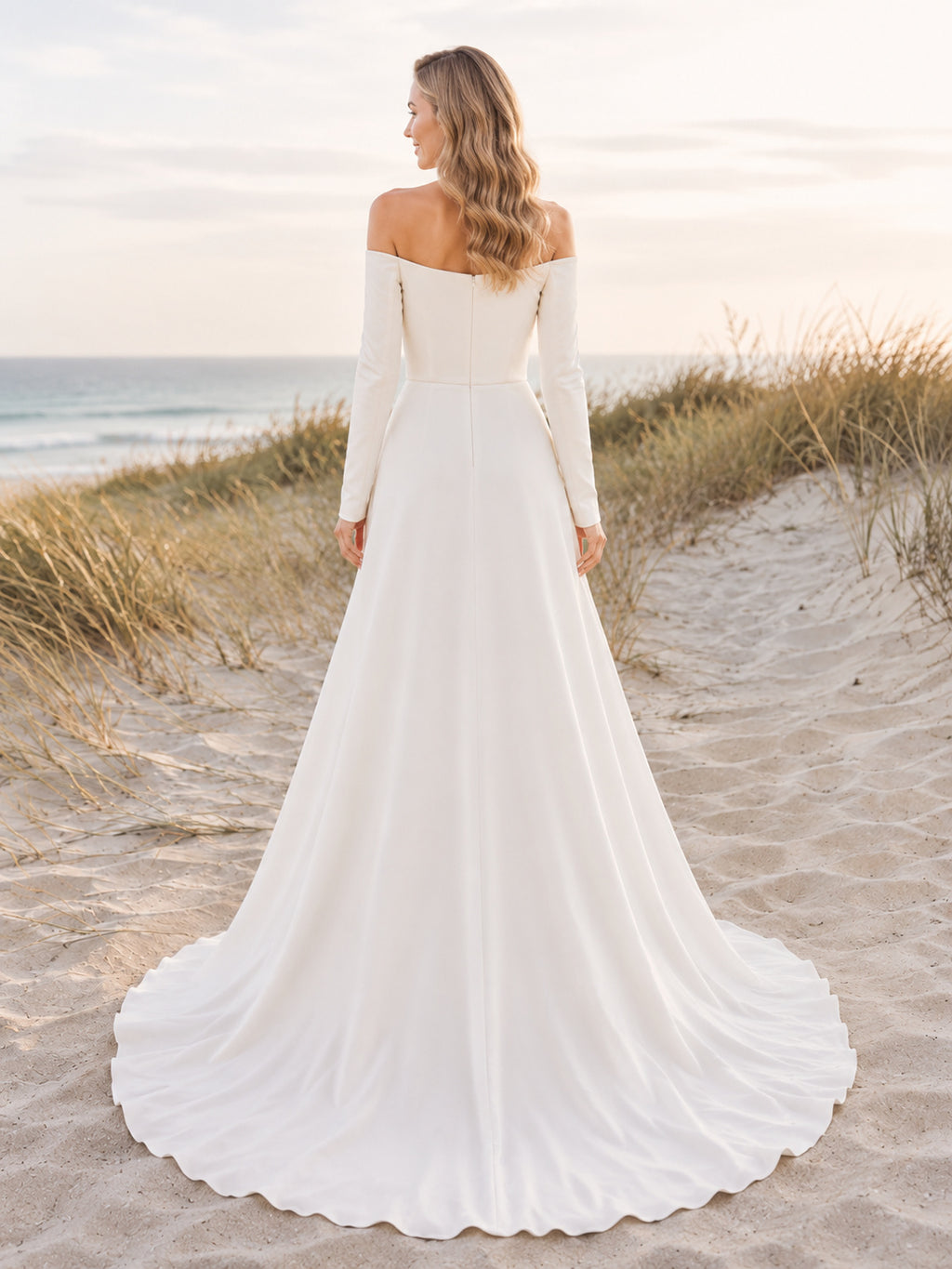 Minimalist Chiffon Wedding Dress A-Line Off Shoulder Long Sleeve Court Train Bridal Gown back view
