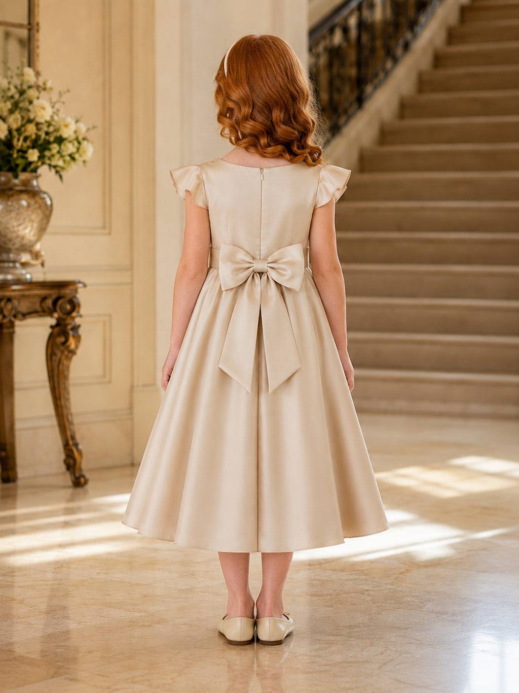 Flower Girl Dress Champagne Satin A-Line Flutter Sleeve Jewel Neck Tea Length Bow Detail back view