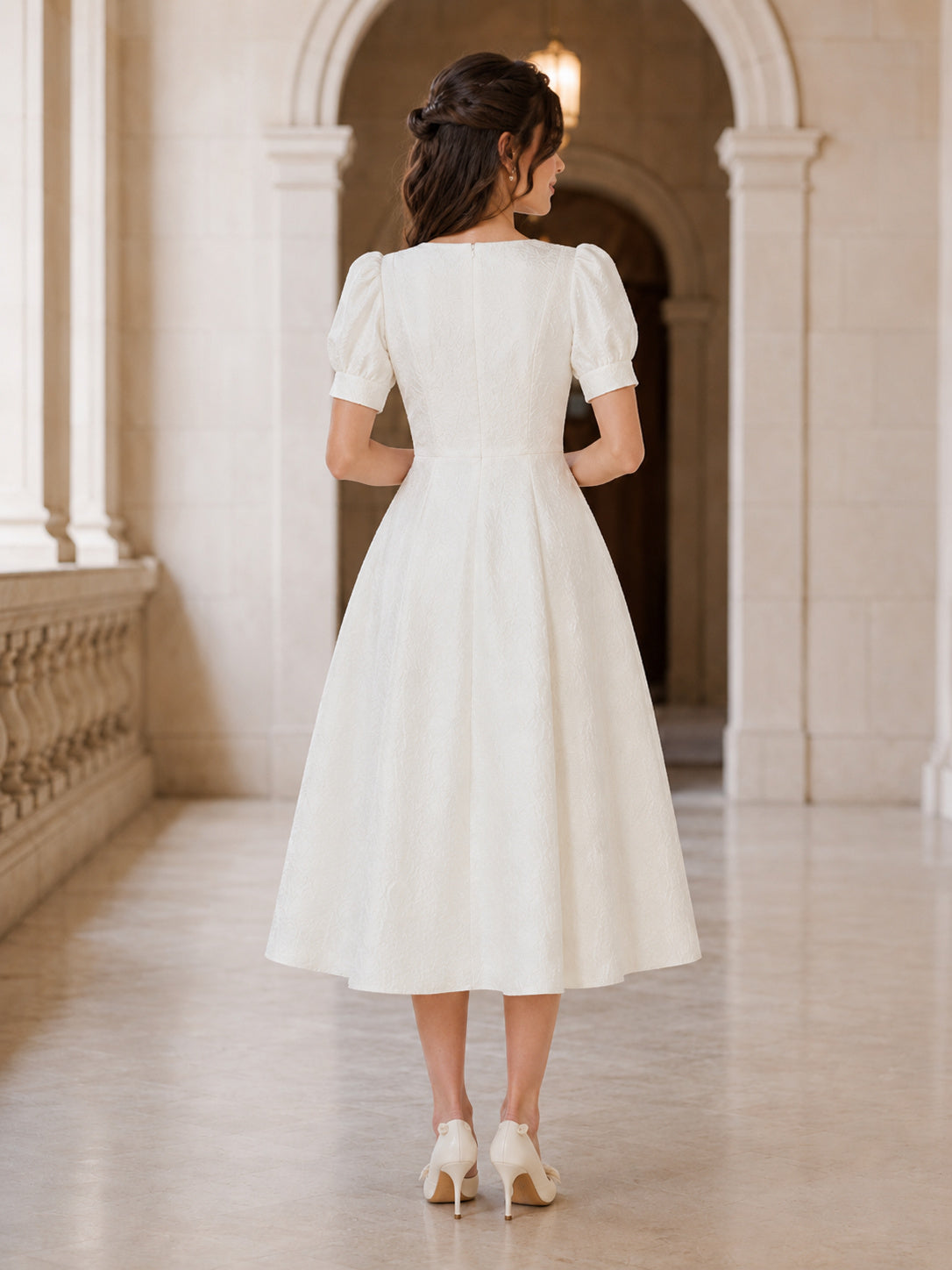 Petite Vintage Satin Wedding Dress A-Line V-Neck Short Sleeve Tea Length Bridal Gown back view