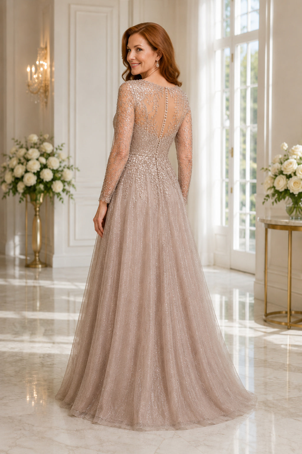 Taupe V-Neck A-Line Mother Dress with Beaded Lace Bodice and Tulle Skirt for Evening Reception back view