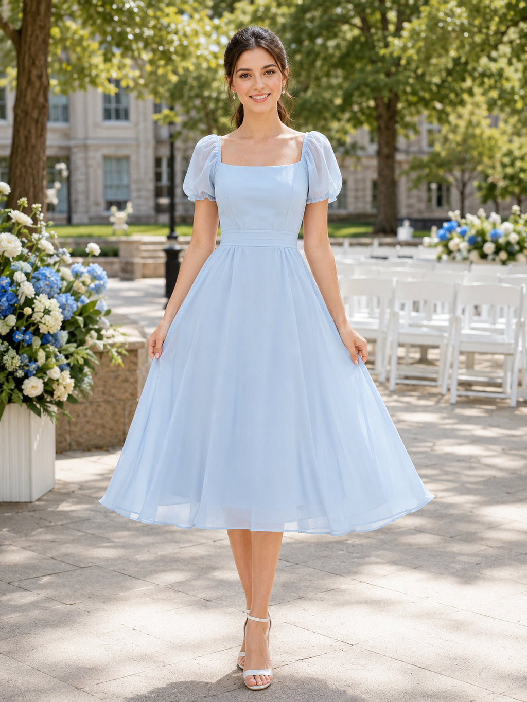 Pastel Blue Puff Sleeve Tulle Midi Graduation Dress front view