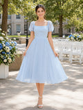 Pastel Blue Puff Sleeve Tulle Midi Graduation Dress front view