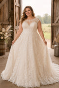 Plus Size Ivory V-Neck Cap Sleeve Lace Tulle A-Line Wedding Dress with Illusion Cap Sleeves and Lace Train front view