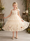 Ivory Shoulder Bow A-Line Flower Girl Dress with Tiered Mushroom Embroidered Tea-Length Tulle Skirt front view